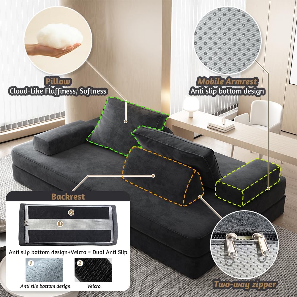 87" W Multifunctional Sofa Bed with Fuffy Chenille Fabric, Convertible Sleeper Couch with Pillows, DIY Folding Floor Compression Loveseat for Living Room, No Assembly Required (Dark Gray)