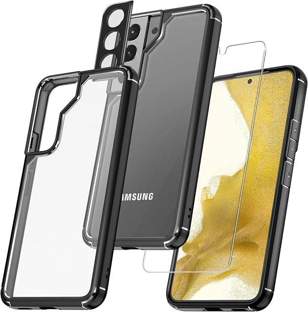 TAURI 5 in 1 Defender Designed for Samsung Galaxy S22 Case 5G, and 2 Pack Tempered Glass Screen Protector + 2 Pack Lens Protector [Military Grade Protection] Shockproof Slim Thin Cover - Black