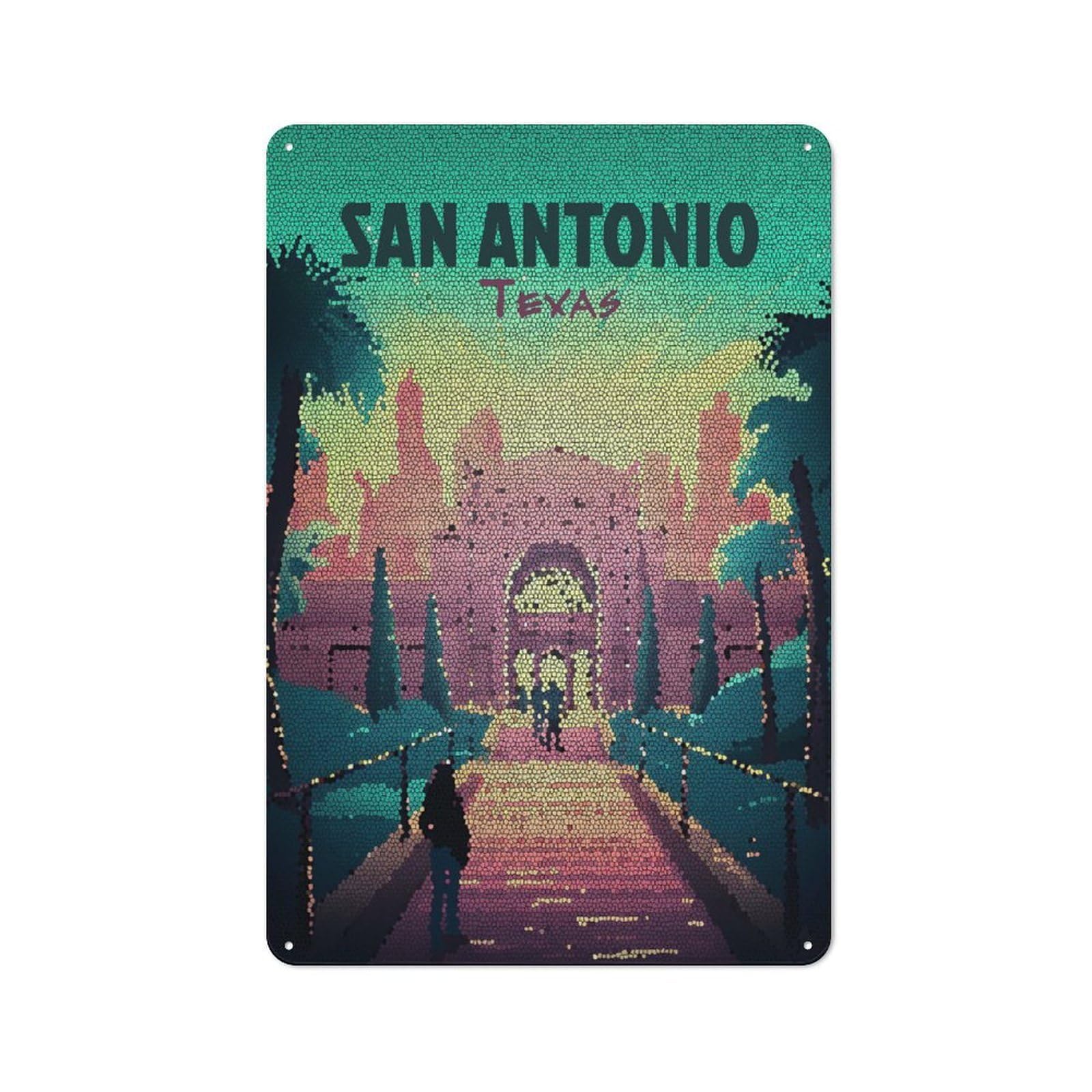 Junmoney Style-18 San Antonio Texas Mosaic Art Shop Front Style Metal Wall Decor 30X20cm, Bistro Metal Sign For Takeaway, Bar, Kitchen Or Counter Area