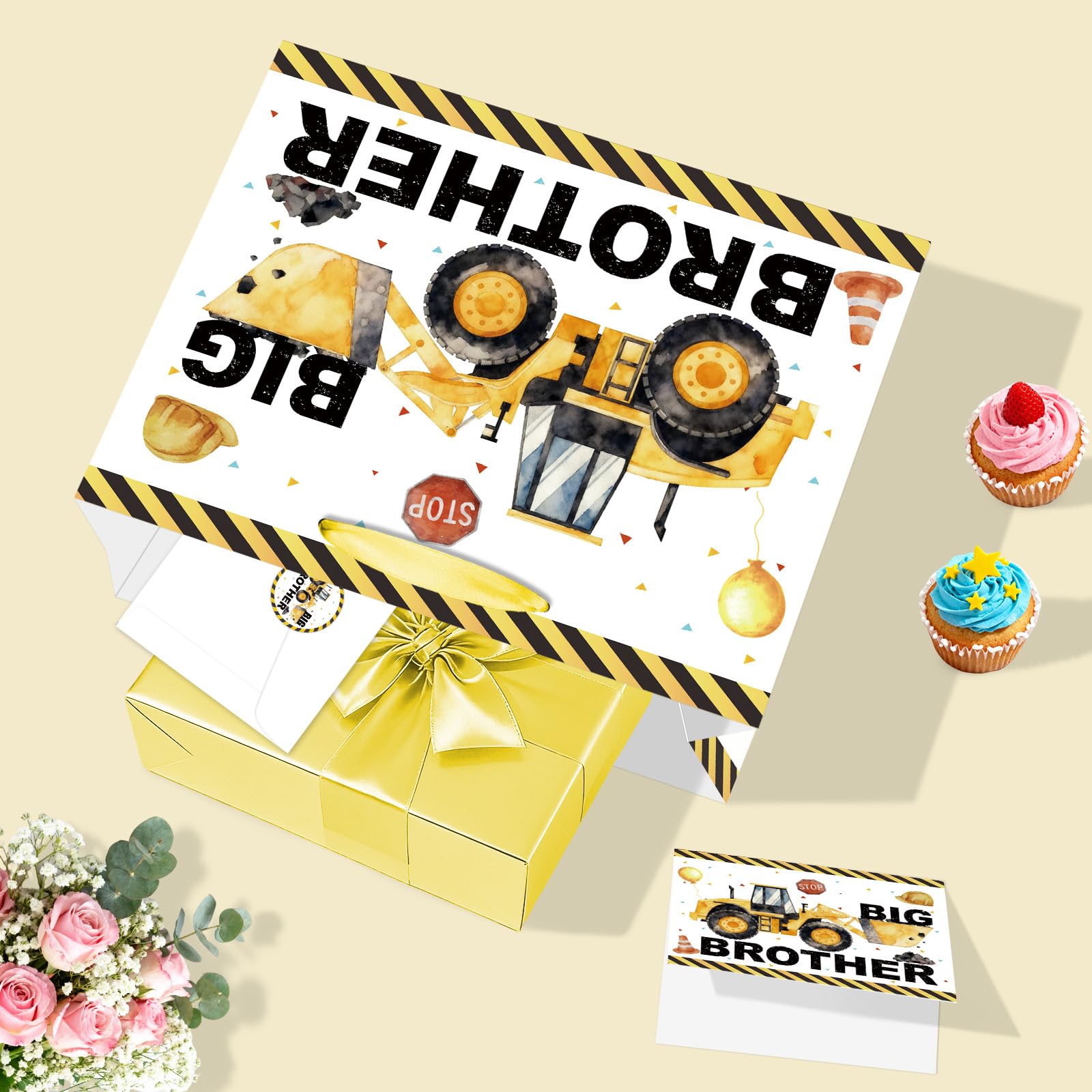 Big Brother Gift Bag for Boys Big Bro Birthday Gift Bag with Wrapping Paper Card Sticker Envelope Construction Gifts for Little Boy Son Grandson Nephew New Baby Birthday Party Decorations Supplies