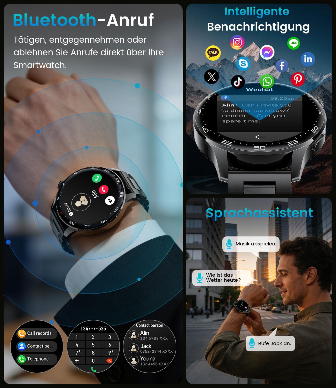 Smartwatch Herren mit Bluetooth Anrufen, 800mAh Akku 1.7" HD Bildschirm, 24/7 Herzfrequenzmessung Schlafanalyse SpO2 Messung, 110 Sportmodi IP68 Wasserdicht Kompatibel mit iOS Android Schwarz