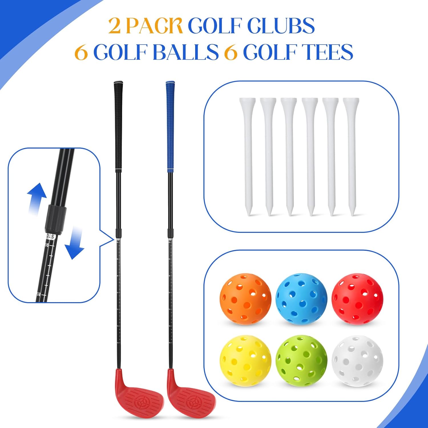Realspring 2 Pack Backyard Golf Club Set Adjustable Golf Club for Backyard Game Plastic Chipping Clubs Hit Plastic Balls Outdoor Indoor Training Practice Gift(Black and Blue,Left Hand)
