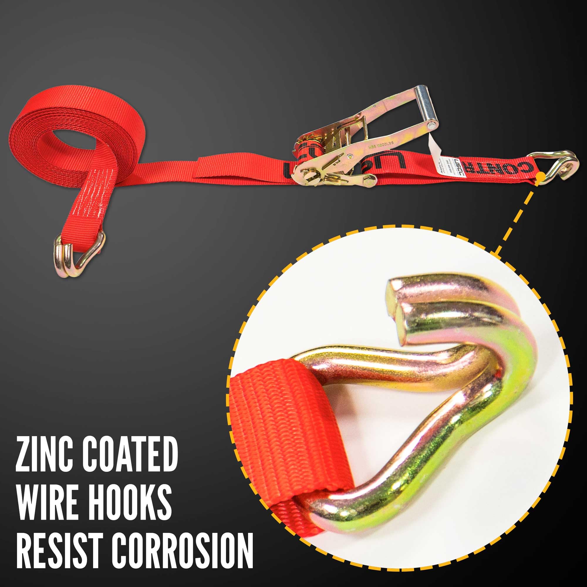 US Cargo Control 2 Inch Wide x 27 Foot Long Ratchet Strap with Wire Hooks, Red Tiedown Strap with Double J Hooks, Secure Cargo with Ease