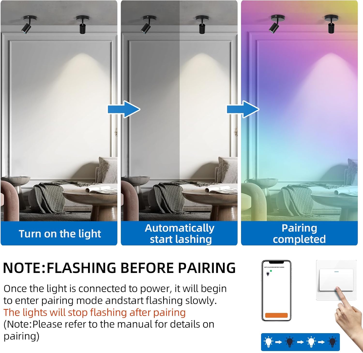 Dimmable Flush Mount Ceiling Spotlight, Adjustable Up Lights Indoor Ceiling Spotlight, 16 Colors Change LED Spot Lights Indoor Bright Accent Fixture for Living Room Bedroom