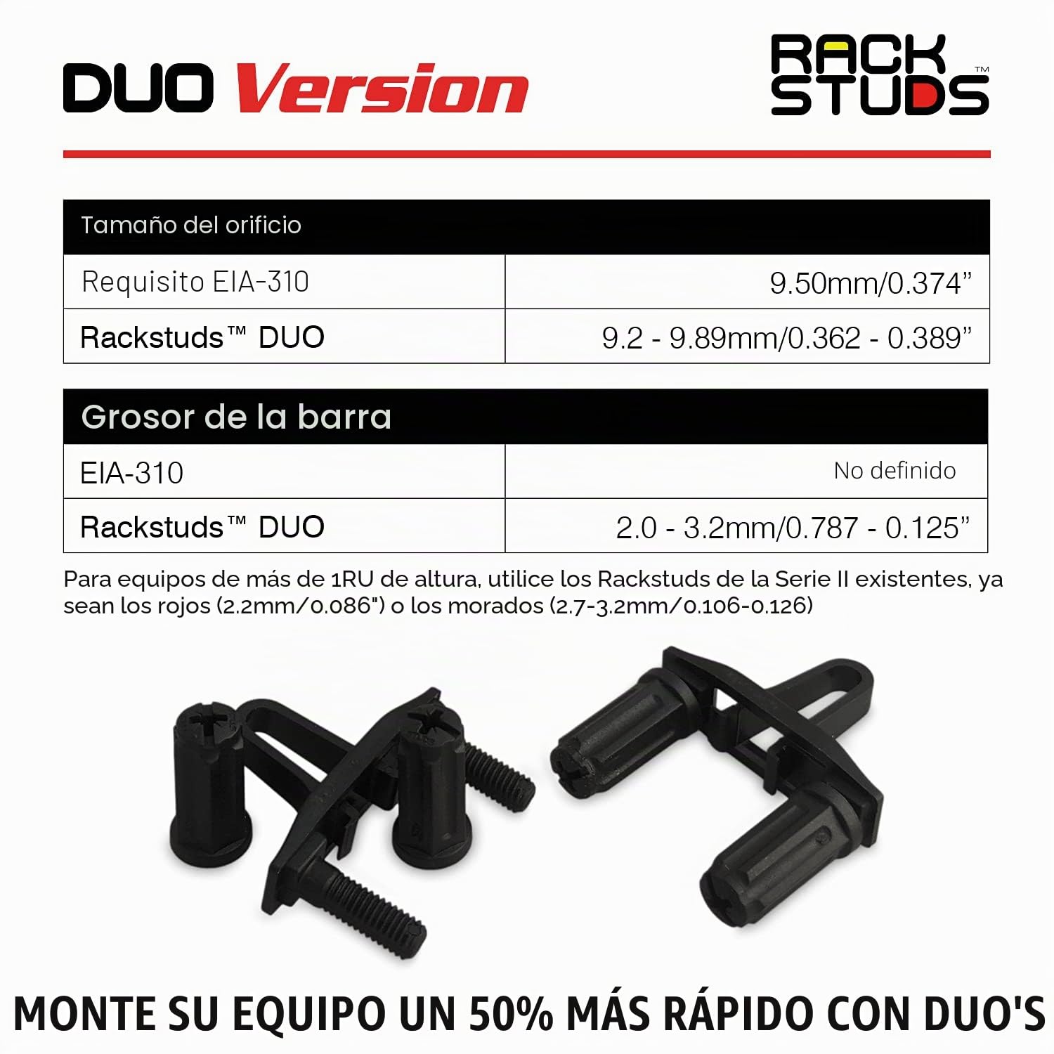 DUO50 1RU Series II Rack Mount Solution - Effortless Alternative to Traditional Rack Screws and Cage Nuts & Server Rack Screws Ideal for Server Hardware Setup - 50 Pack, Universal Version