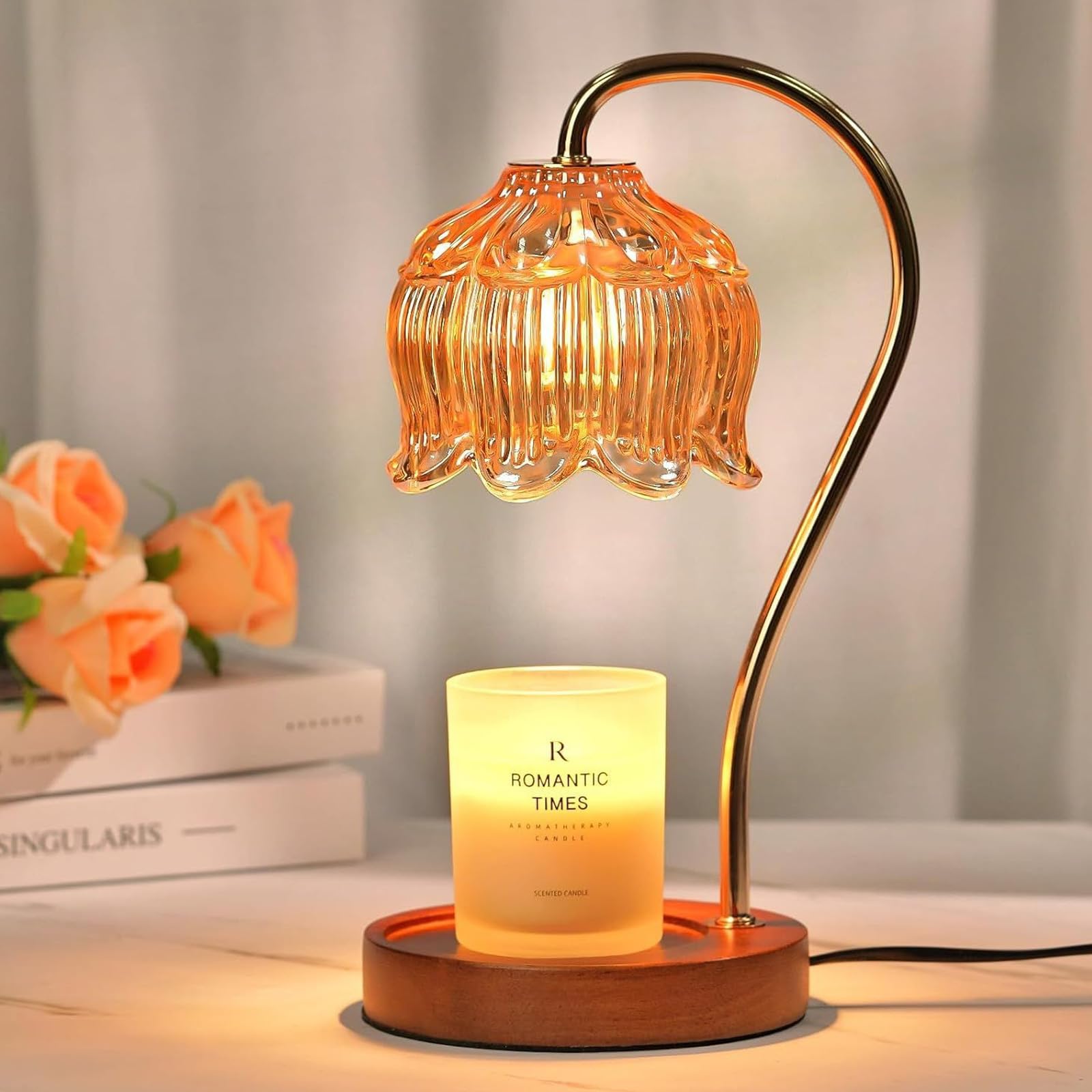 Justup Podgrzewacz świec, kwiatowa lampa do podgrzewania świec z timerem i 2 żarówkami, z regulacją wysokości, elektryczny podgrzewacz wosku, urodziny, Walentynki dla kobiet (brązowy)