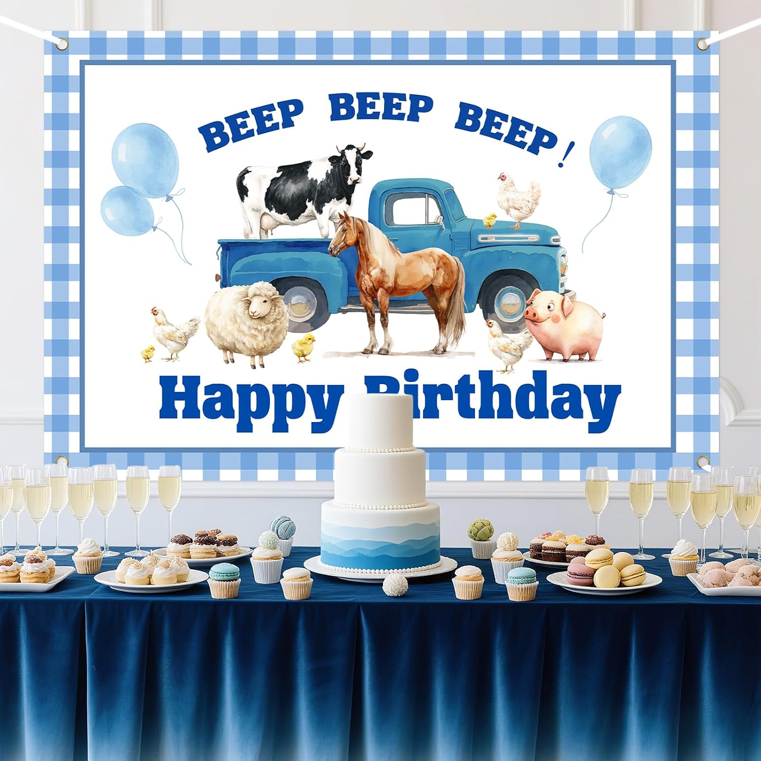 Little Blue Truck Birthday Backdrop Farm Animal Birthday Decorations Beep Beep Beep Blue Truck Photography Background for Kids Farm 1st 2nd 3rd Birthday Party Decor Supplies 5×3ft image 2