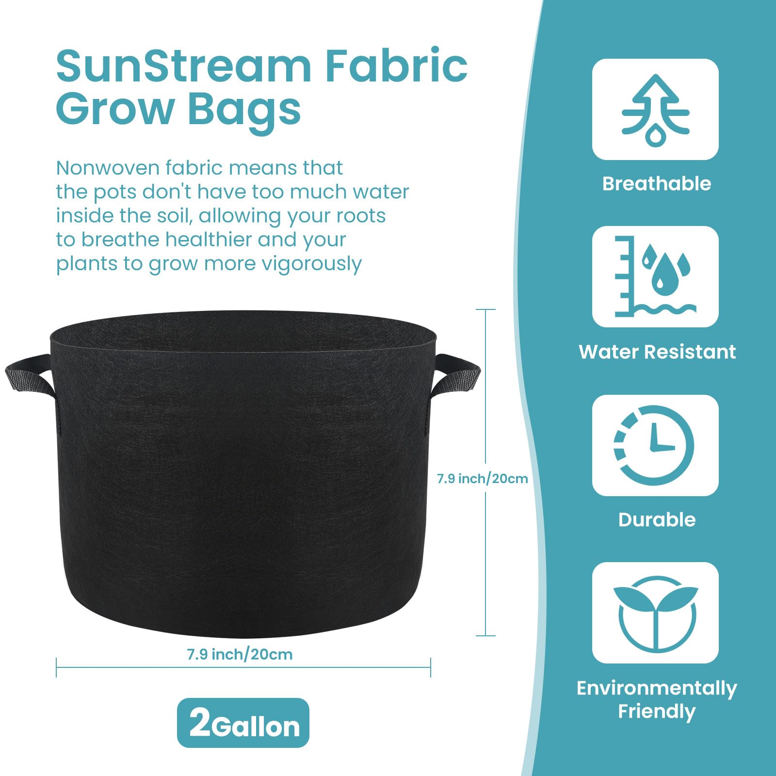 SunStream 10-Pack 2 Gallon 8L Heavy Duty Thickened Nonwoven Fabric Pots Potato Grow Bags with Handles, Black, 2 Gallon 10 Pack - Image 2