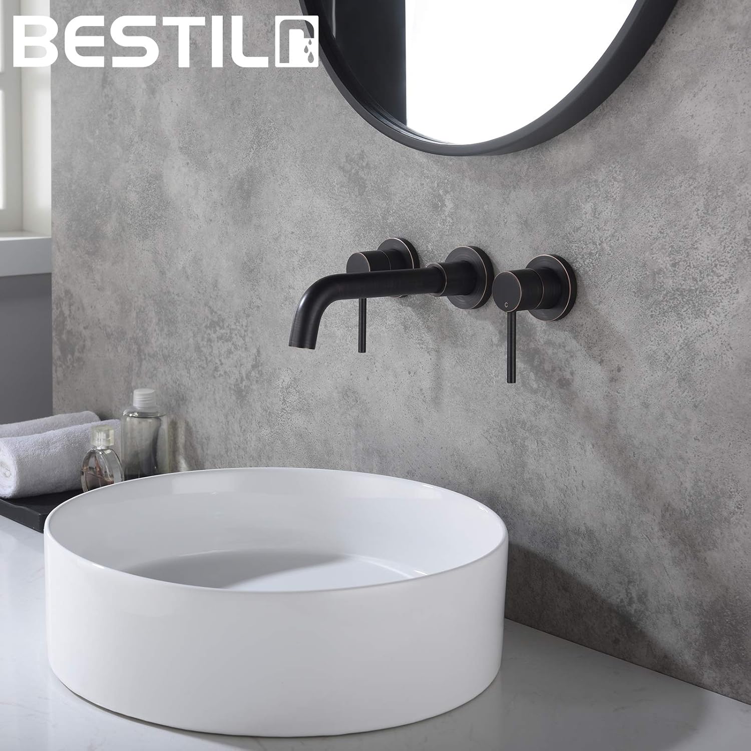 Prоmо 40% оƒƒ BESTILL Wall Mount Bathroom Sink Faucet with 2 Lever Handle, Oil Rubbed Bronze