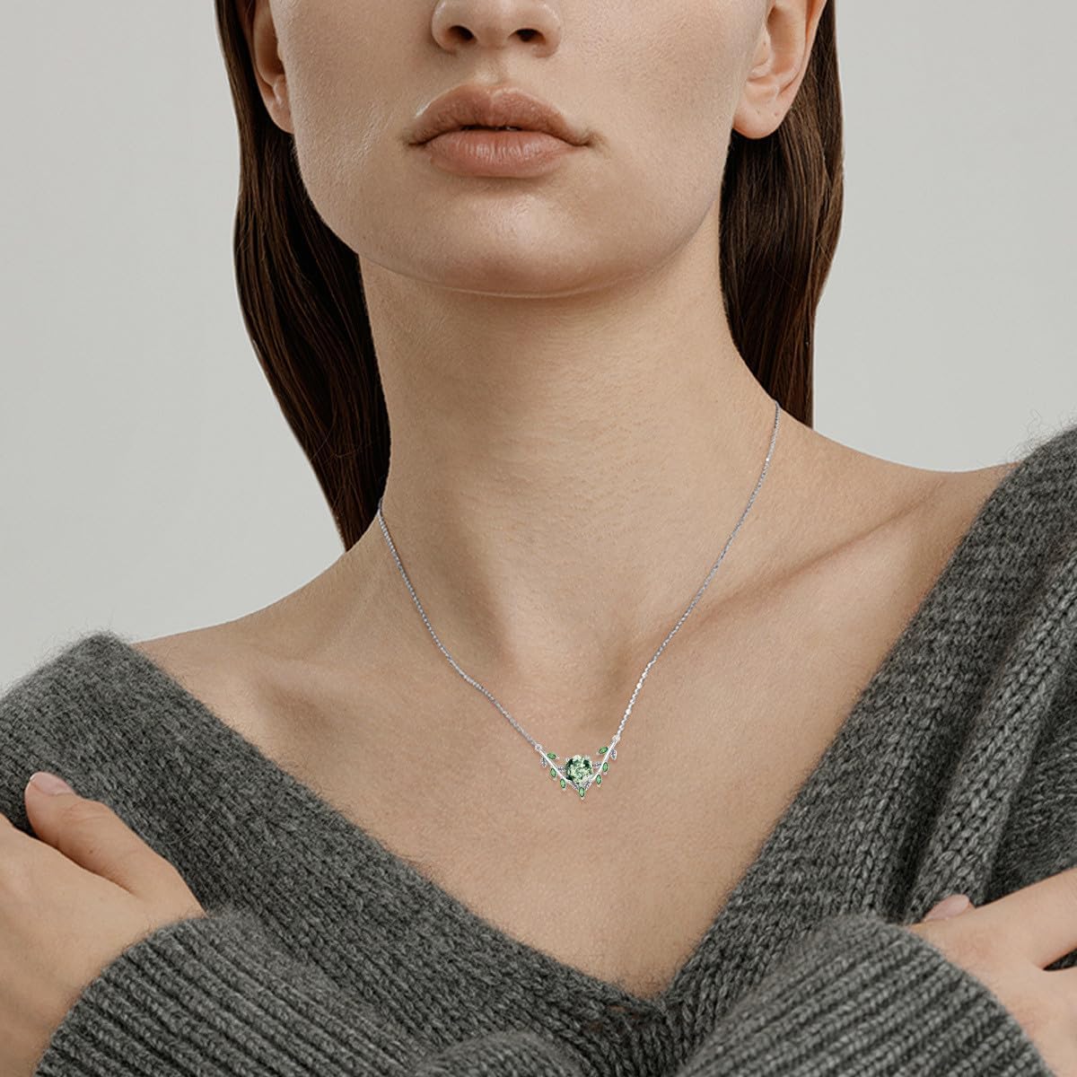 Sterling Silver Natural Moss Agate Women's Pendant Necklace Moss Agate Leaf Zircon Necklace for Ladies Bridal Pendant Jewelry Gift Birthday Valentine's Day Christmas - Image 5