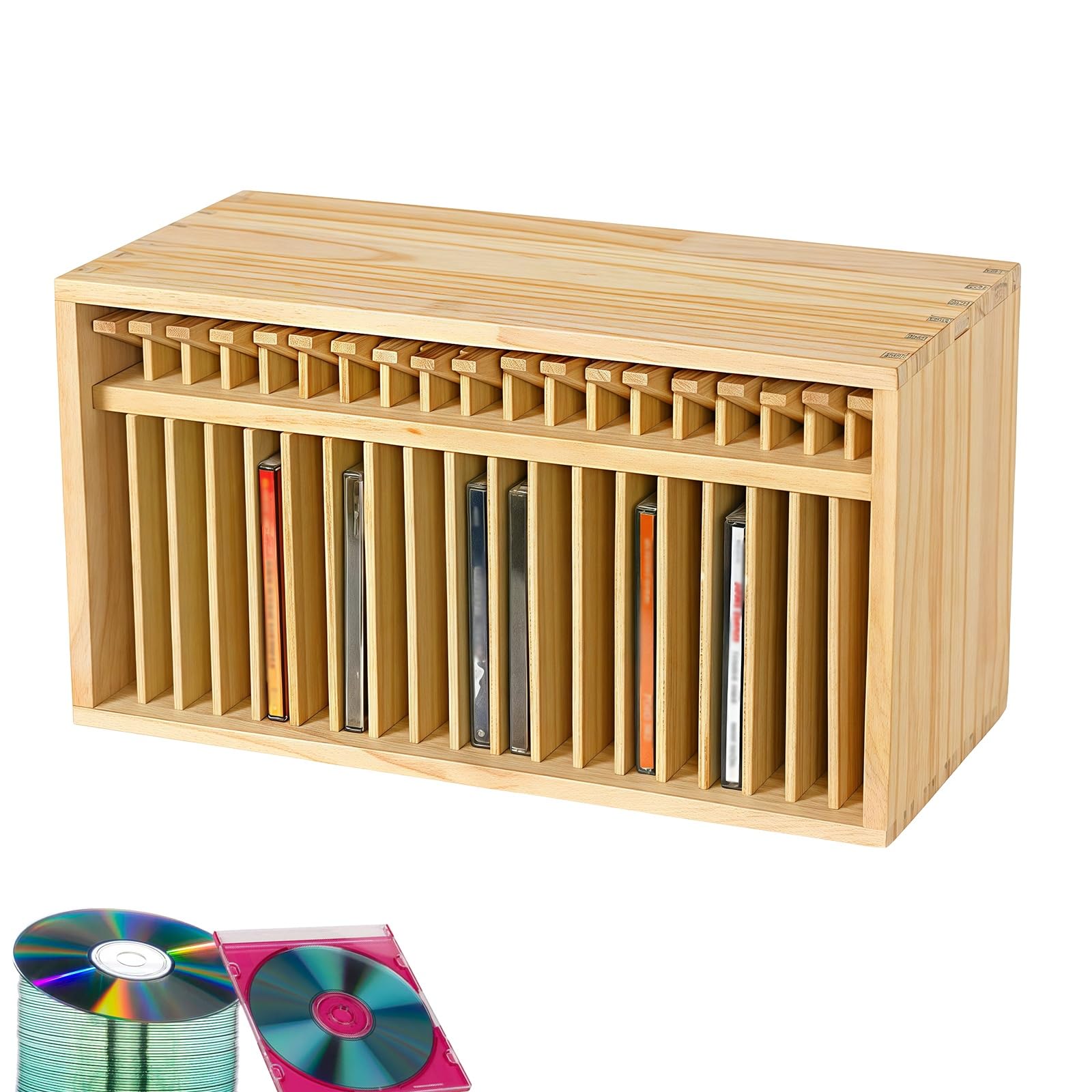 Scaffale porta CD in legno, 19 scomparti, organizer da scrivania per DVD e CD, stile vintage, ideale per casa e ufficio