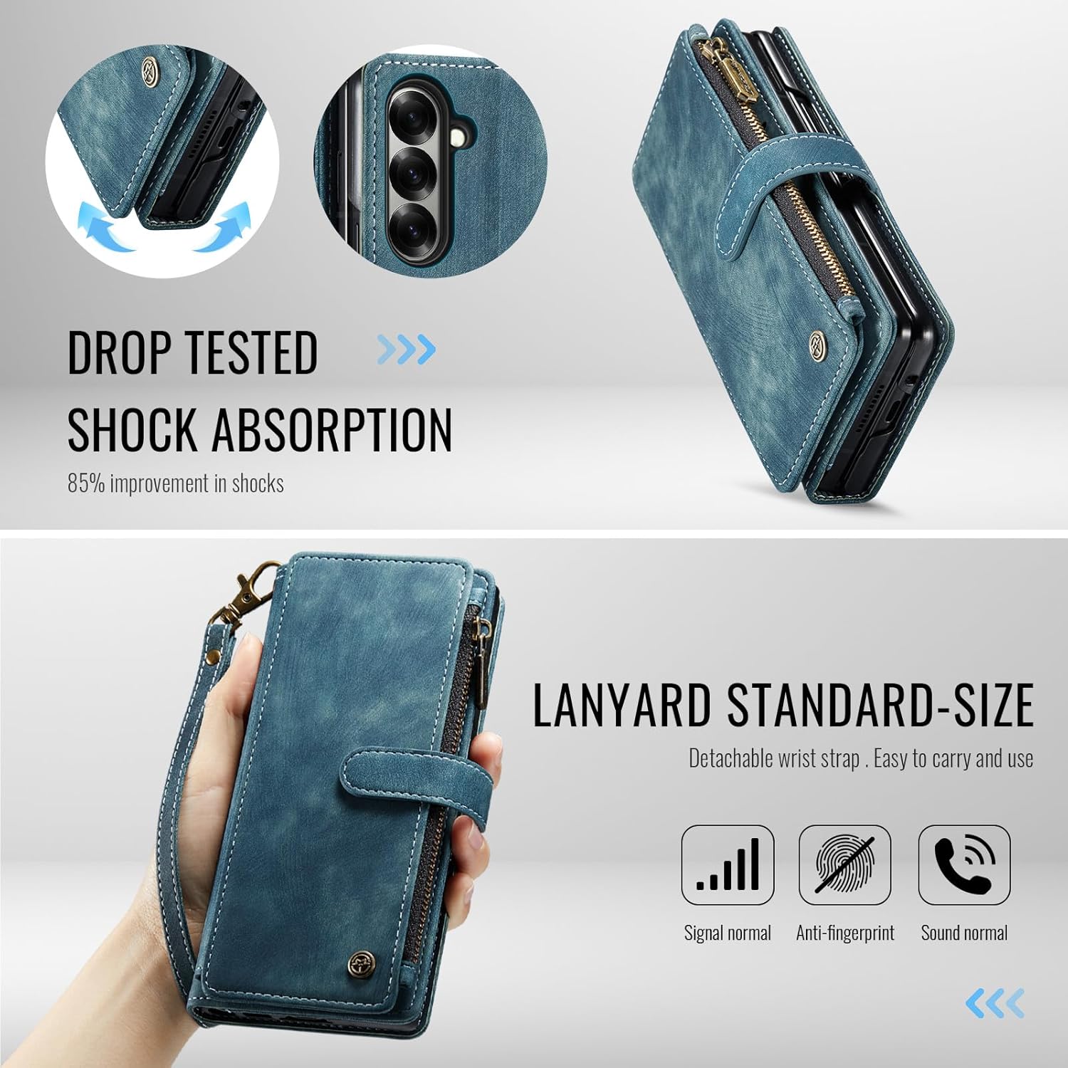 Samsung Galaxy Z Fold 7 Wallet Case with Card Holder Kickstand Magnetic Zipper Pocket Lanyard Strap Wristlet,Leather Flip Case Wallet for Galaxy Z Fold 7 (Blue)