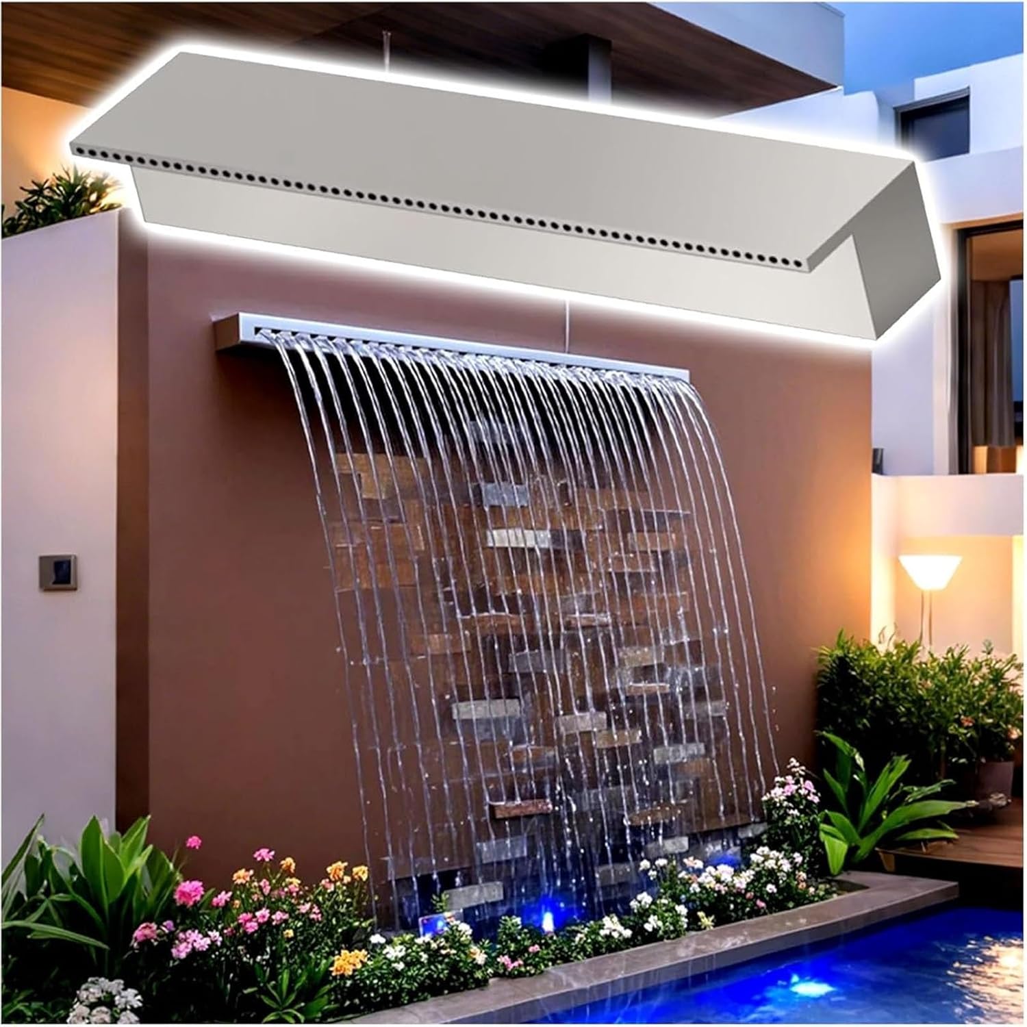 Stainless Steel Pool Fountain Waterfall Spillway with Pipe Connector Kits, Wide Water Flow Sheer Descent Platform for Swimming Pool and Outdoor Garden