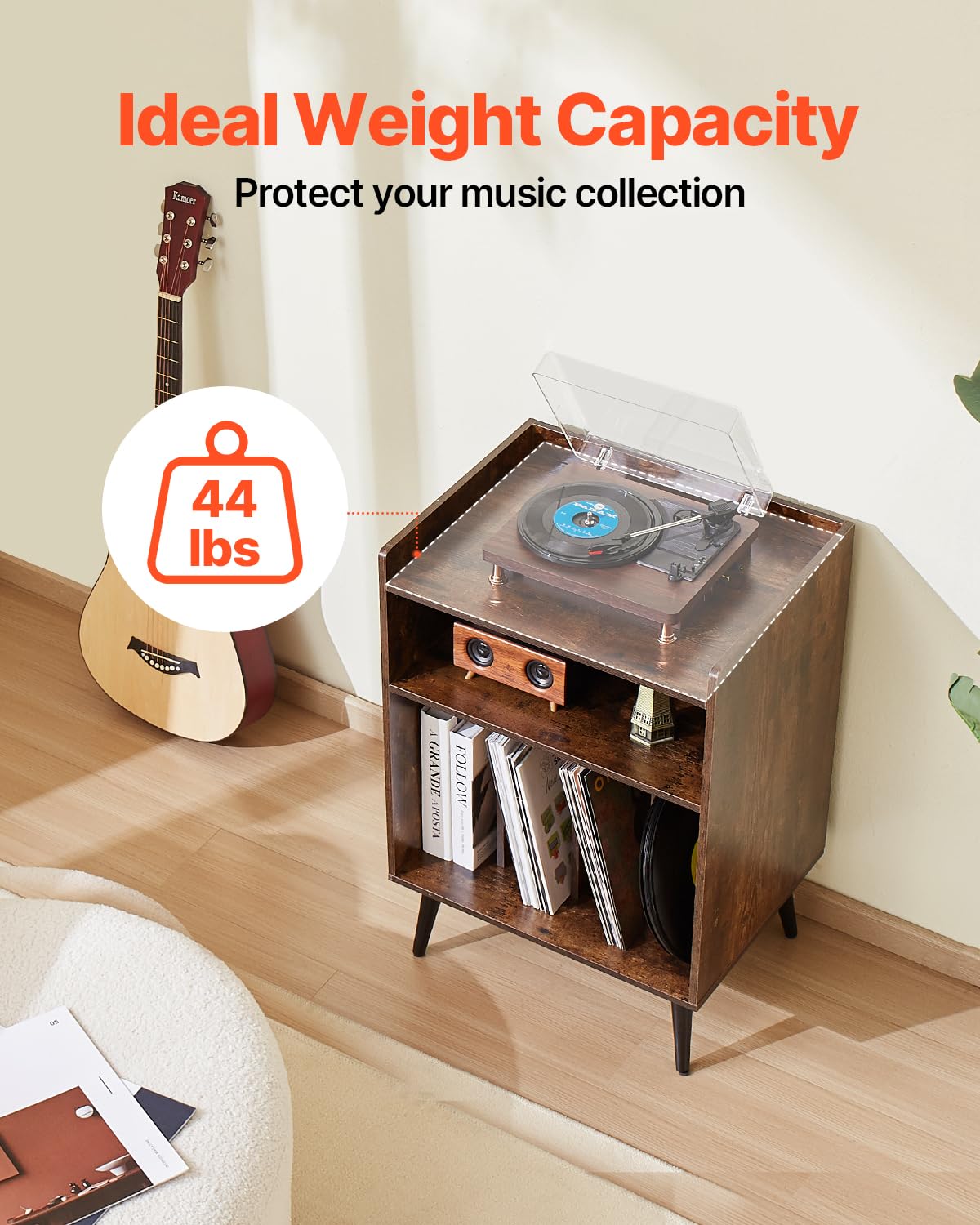 VEVOR Meuble Platine Vinyles 3 Niveaux, Support de Tourne-Disque avec Lumière LED, Station de Charge et Ports USB, Capacité 150 Albums, Armoire à Disques Vinyles en Bois, Salon Chambre à Coucher