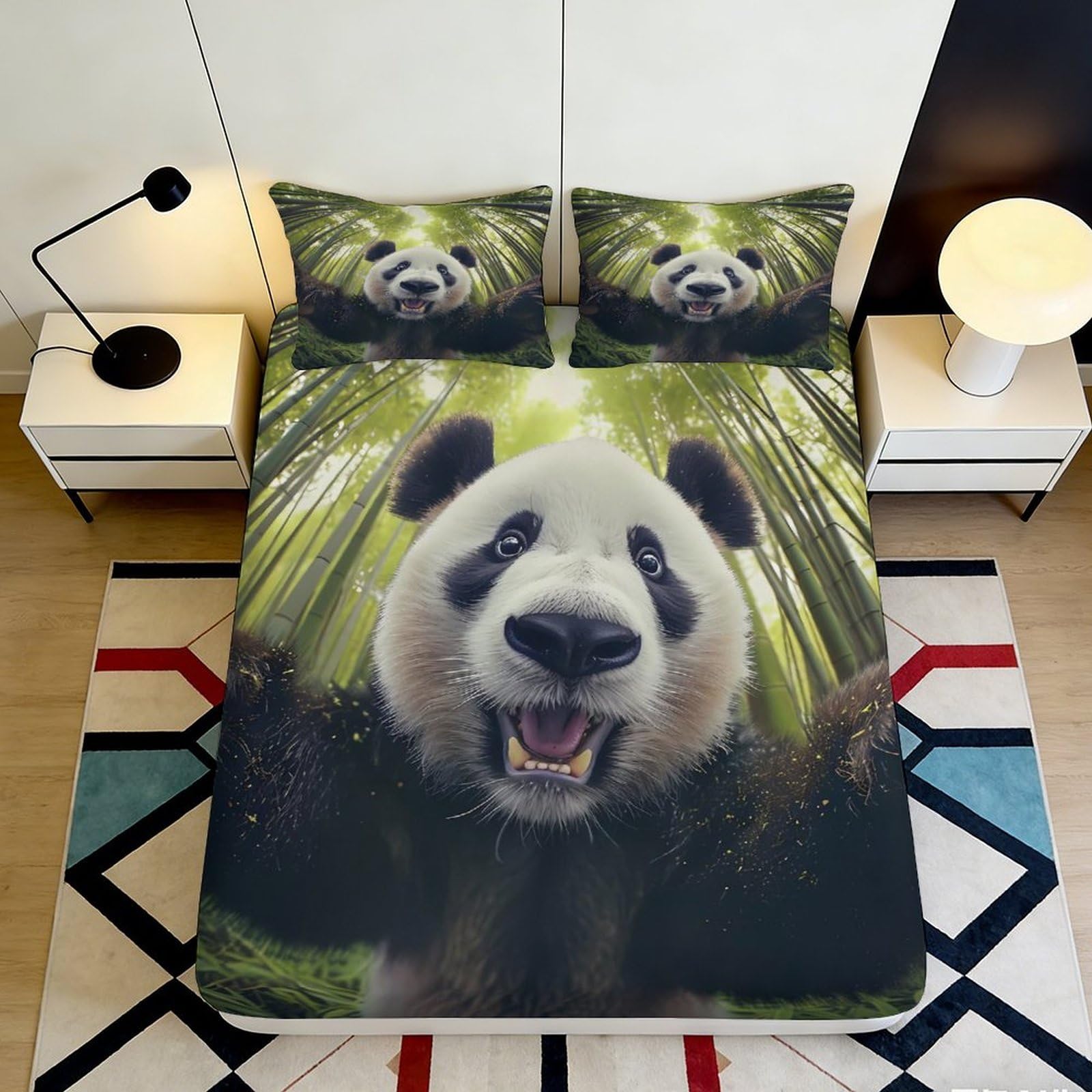 3D Printed Panda Bamboo Forest Fitted Sheet Microfiber Non-slip Bed Cover Bedroom Guest Room Decor Mattress Protection 200x200x25cm