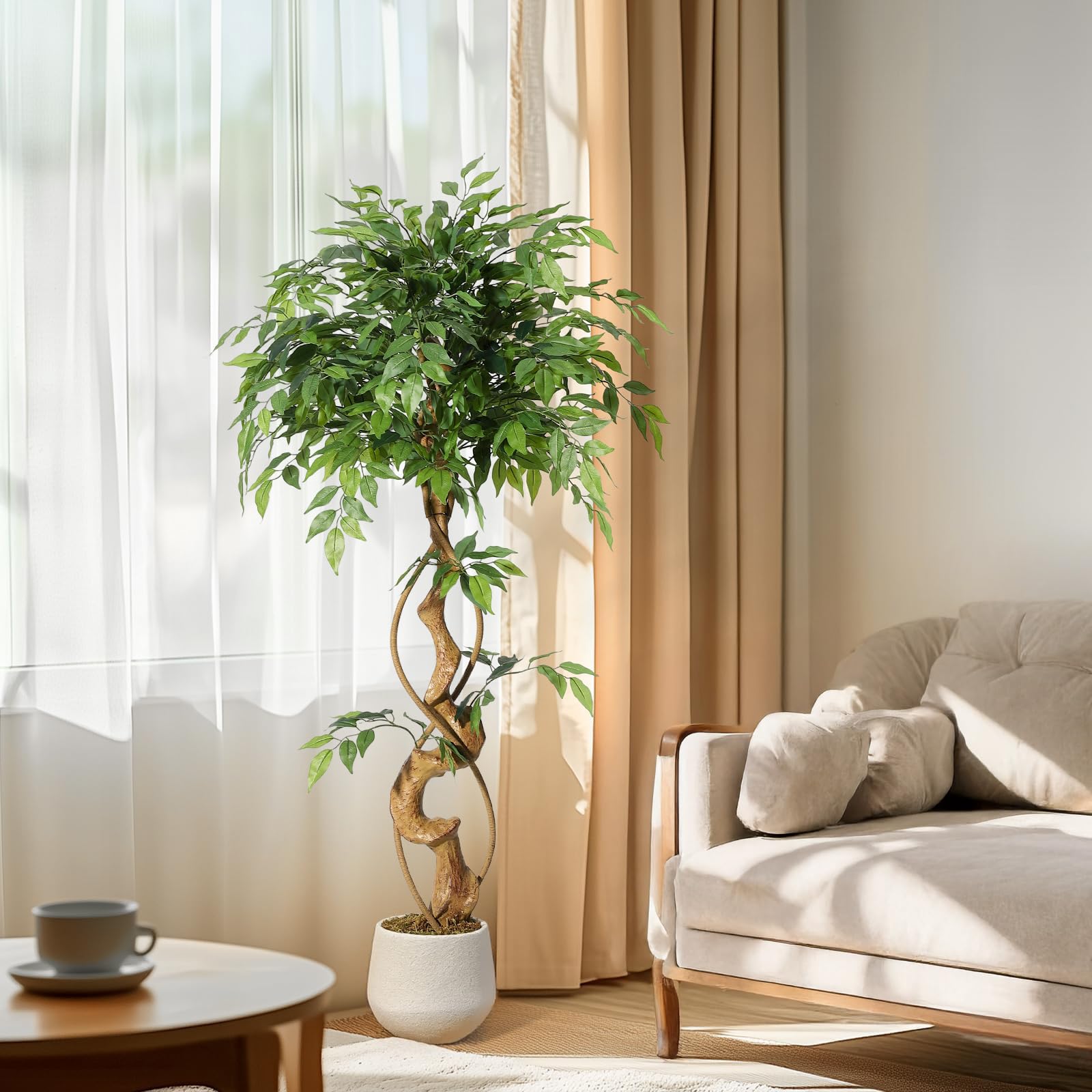 Plantes Artificielles Interieur, 120cm Ficus Arbre Vert Artificielle avec Pot Blanc Fausse Plante Interieur Idéal Maison Décoration pour Chambre Cuisine Salon Bureau Balcon