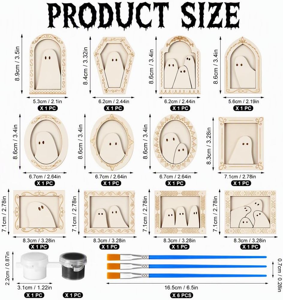 12Pcs Halloween Crafts for Adults, Wood Ghost DIY Painting Kit, Unfinished Wooden Ghost Frames, Halloween Arts and Crafts, Cute Ghost for Halloween Craft Art Party Supplies