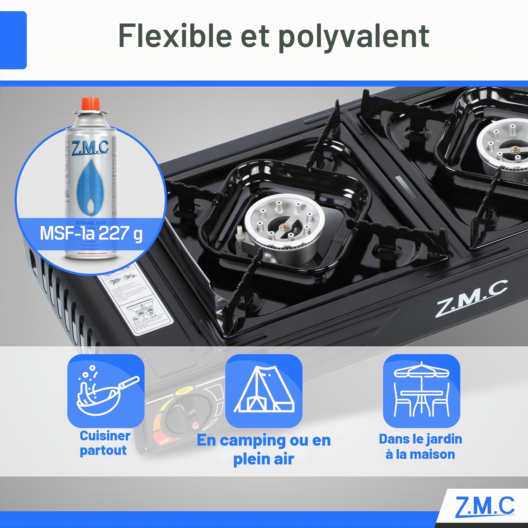 Z.M.C Réchaud à gaz de camping de qualité supérieure - 2 feux - Plaque de 45 x 24 cm - 8 cartouches de 227 g - Allumage sûr pour l'extérieur