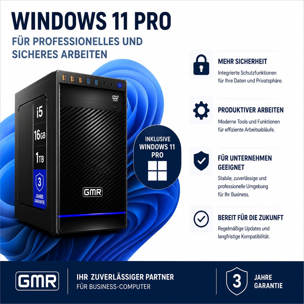 GMR Business PC für Büro, Homeoffice und Unternehmen | Bürocomputer mit Intel Core i5 | 16 GB RAM | 1 TB SSD | Windows 11 Pro | WLAN & Bluetooth | 3 Jahre Garantie