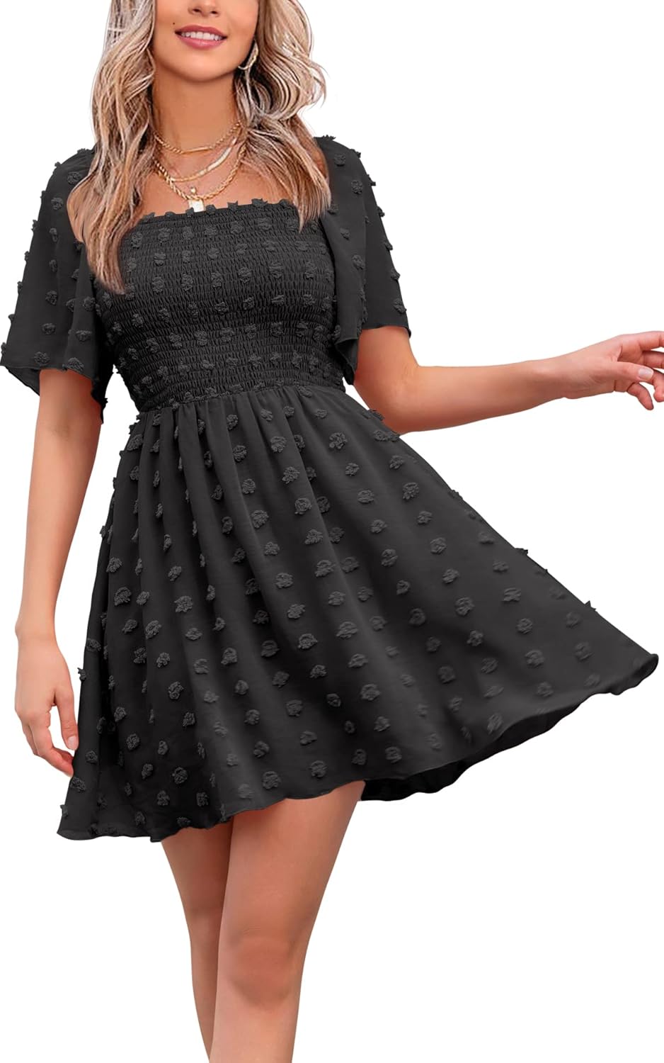EXLURA Women's 2026 Summer Casual Square Neck Dresses Ruffle Short Sleeve Swiss Dot Flowy Mini Dress