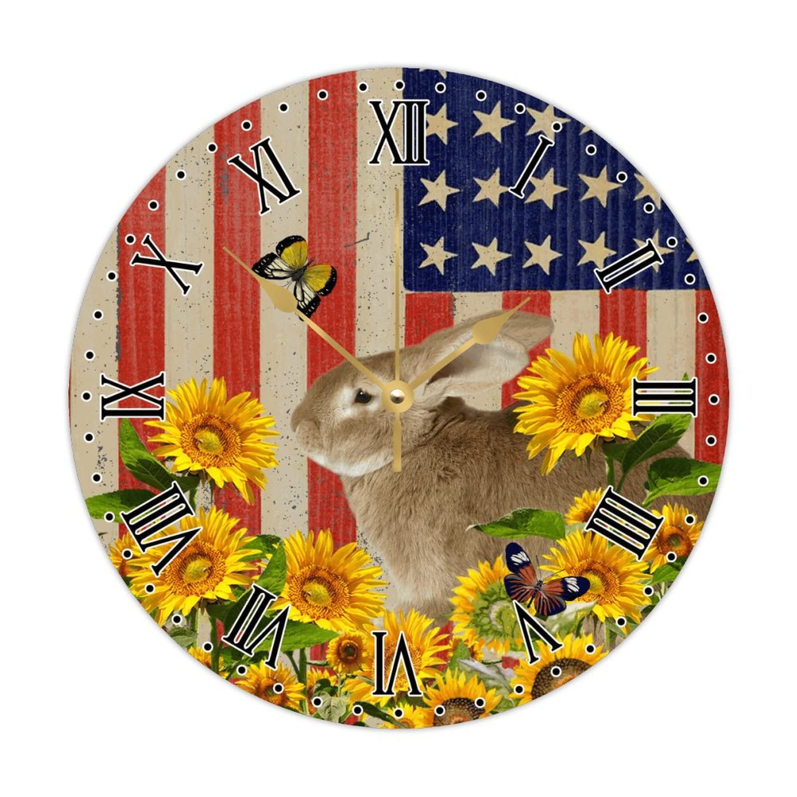 Horloge ronde en bois premium drapeau USA et fleurs de ferme 38,1 cm