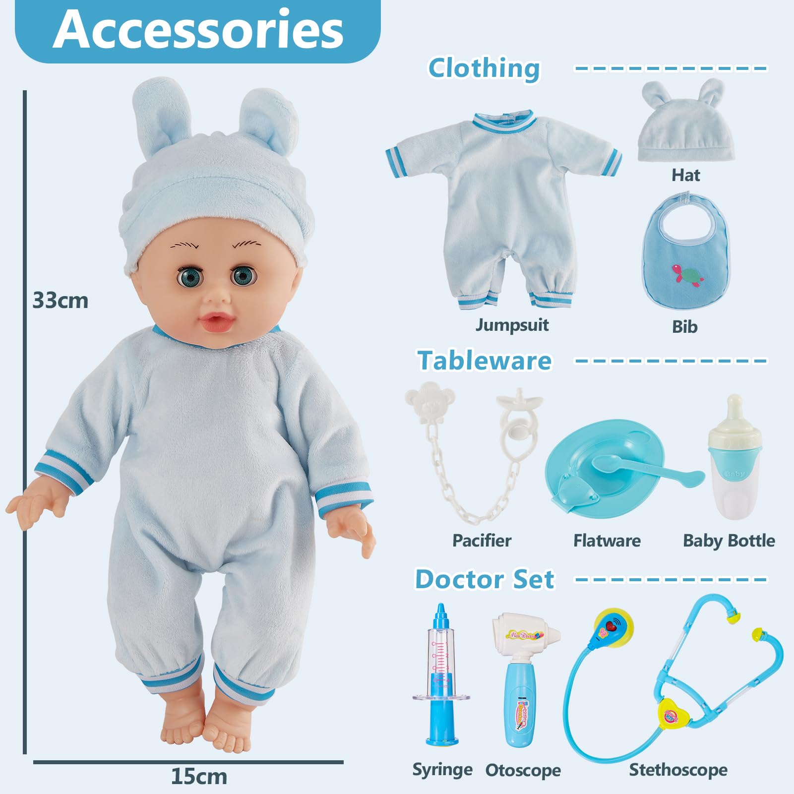 HERSITY Poupon Interactif Bebe, 33CM Poupee Bébé Qui Parle et Pleure, 11 Accessoires avec 12 Sons, Docteur Jouet Cadeau Enfant pour Fille 2 3 4 Ans