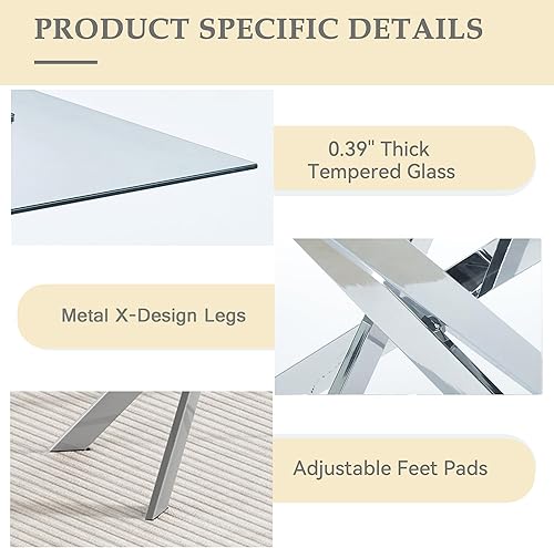 Miniatura 5 de Juego de mesa de comedor de cristal plateado de 51 pulgadas para mesa y sillas de cocina de 4,5 piezas con patas de metal y 4 sillas de comedor de