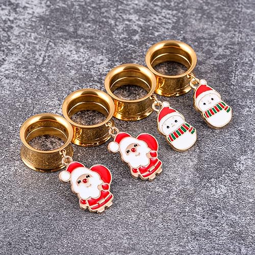 Miniatura 5 de Christmas Style Gold Dangle Ear Gauges Double Flared Plugs Tunnels Stainless Steel Screw Back Earrings Santa Claus Snowman Gauge 2g to 1"