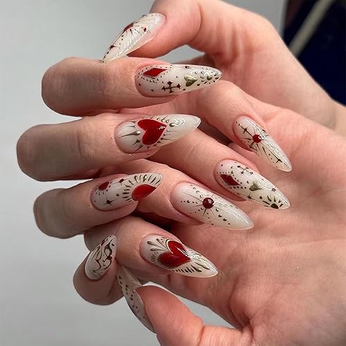 Almond Press on Nails Long Fake Nails Red Heart False