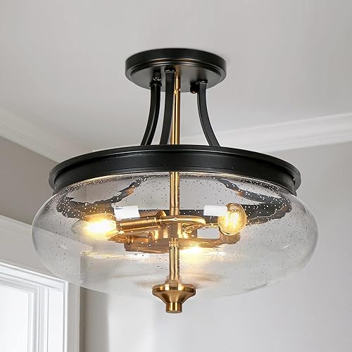 Miniatura 7 de Lámpara de techo semiempotrada, color negro y dorado, lámpara de techo de 3 luces moderna de granja con vidrio sembrado para cocina, dormitorio,