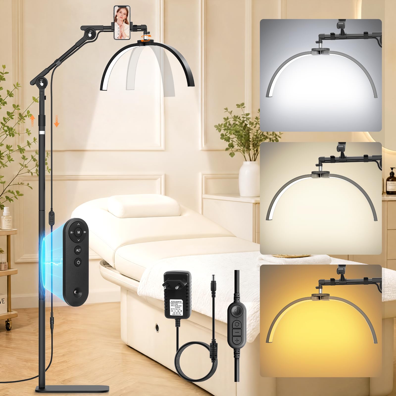 Lampara Extensiones de Pestañas: 21" Plegable Lampara LED de Pie Para Pestañas con 3 Colores Regulables & Rotación de 360° para Salón, Hogar, Negro