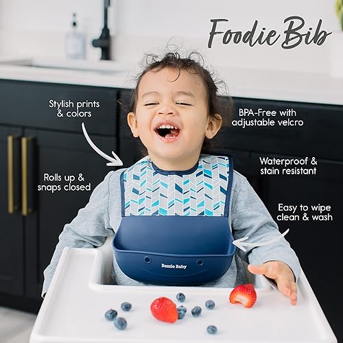 Miniatura 2 de Bazzle Baby Silicone Bib for Baby with Food Catcher - Waterproof Roll Up and Button Feeding Bib for Toddler Eating 2-Pk