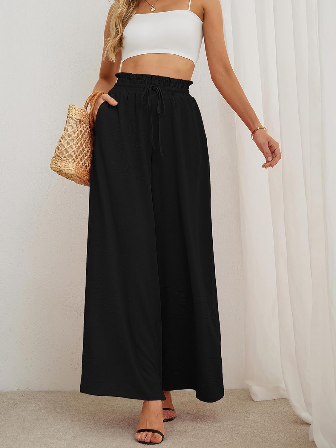 Heymoments Women's Wide Leg Lounge Pants Lightweight High Waisted Adjustable Tie Knot Loose Trousers with Pockets - Image 2