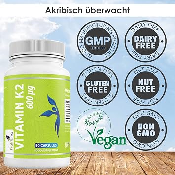 Vitamin K2 MK-7 600mcg von NutriZing - Fermentiertes natto-basiertes veganes Vitamin K - 90 Mikroverkapselt Hochdosiert Kapseln - Unterstützt den Erhalt normaler Knochen - Zertifiziert als Vegan
