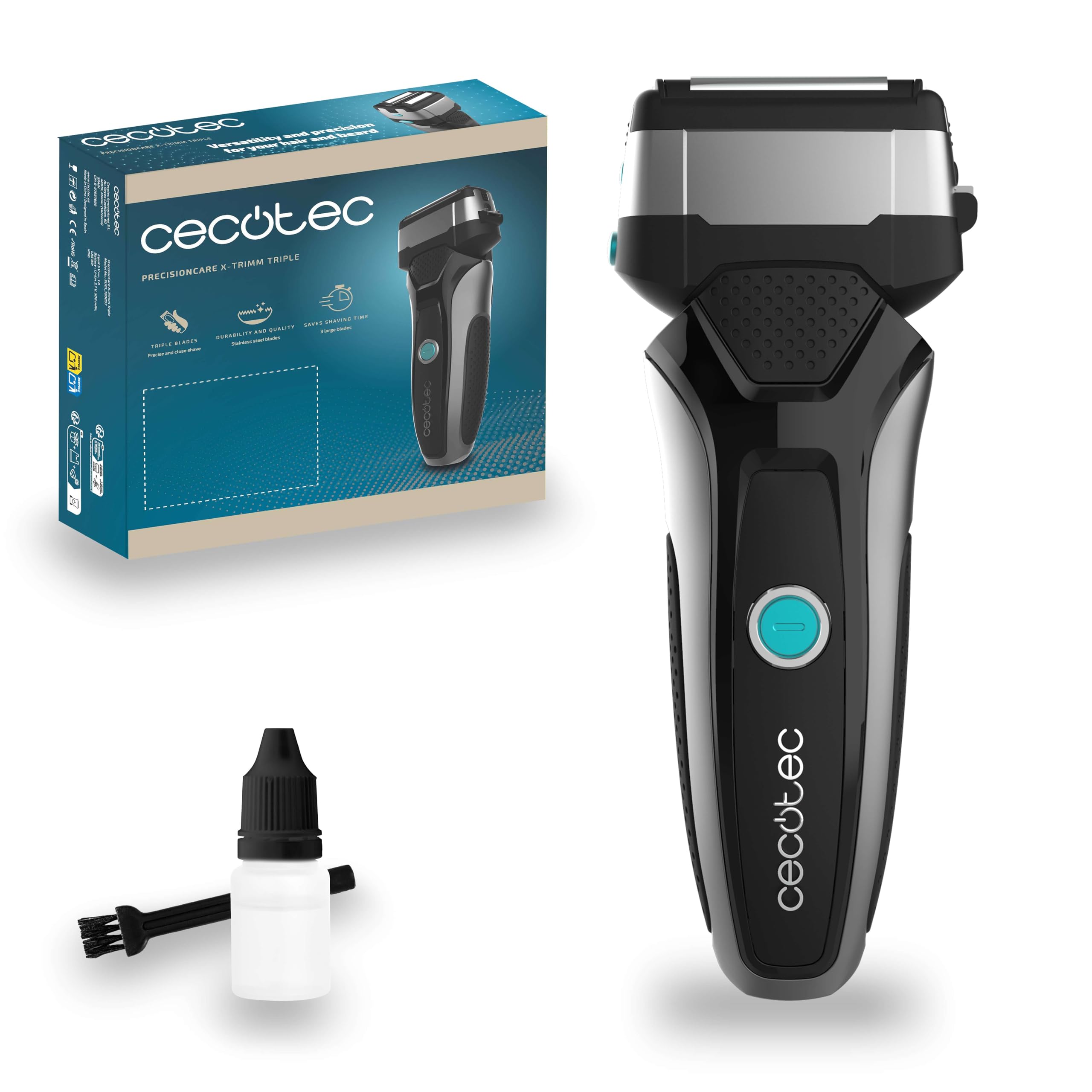 Cecotec Máquina de Cortar la Barba Inalámbrica, Afeitadora Laminar PrecisionCare X-Trimm Triple. 3 Cuchillas de Acero Inoxidable, Pantalla, Autonomía de 60mins, Protección IPX6