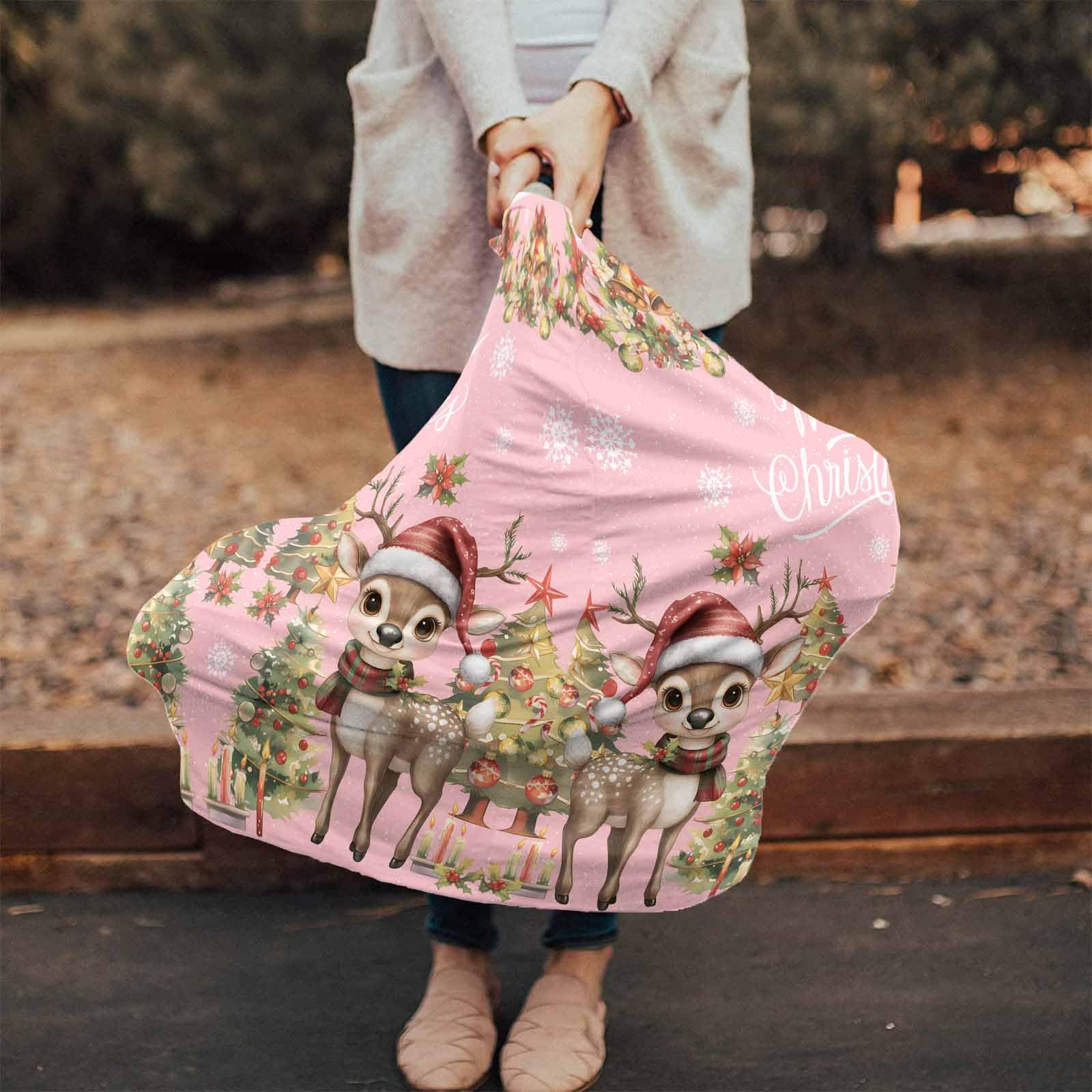 Nursing Cover for Breastfeeding Scarf, Christmas Tree Winter Deer Garland Bell Poinsettia Pink Baby Car Covers Super Soft Multi Use for Canopy Shopping Cart Cover Blanket Stroller Cover