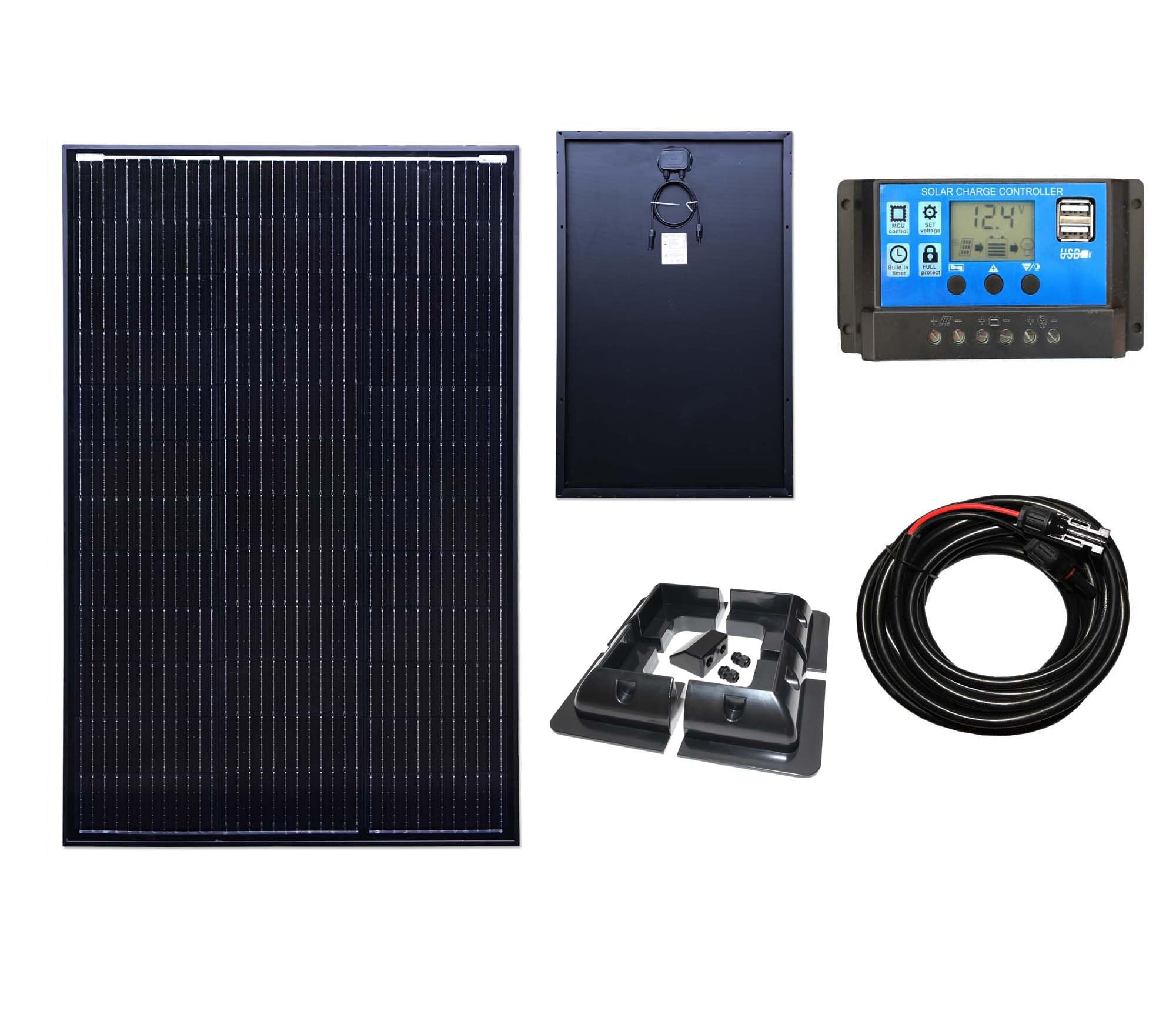 Lowenergie Black 150W Framed Mono Solar Panel Battery Charging Kit With Charger Controller For Caravans, Motorhomes, Boats & Any Flat Surface. K2