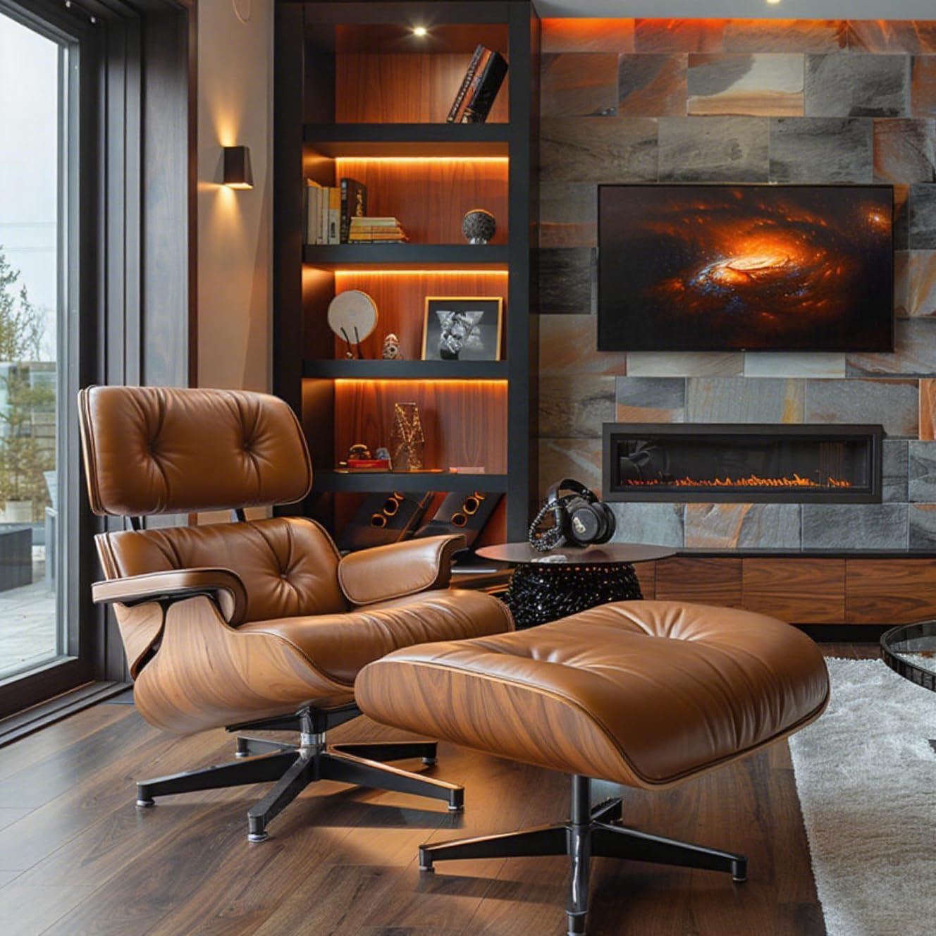TigerParty Mid Century Chaise Lounge Chair with Ottoman, Top Black Grain Leather, Modern Office Chair Classic Design, Heavy Duty Base Support for Living Room Lounge Office