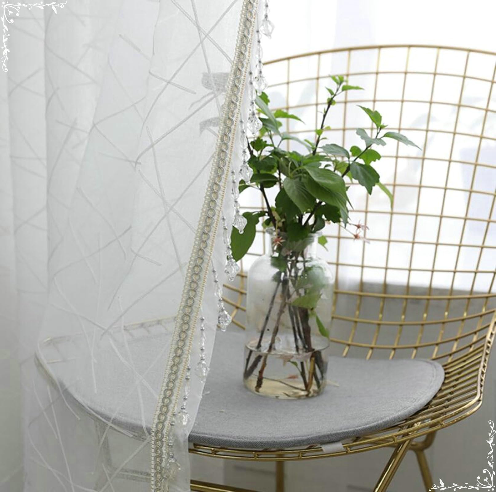 Gualiy Durchsichtige Vorhänge Transparent, Gardinen Wohnzimmer 2er Set Weiß Haken 107x132CM Geometrische Linien Gestickt Vorhang für Wohnung