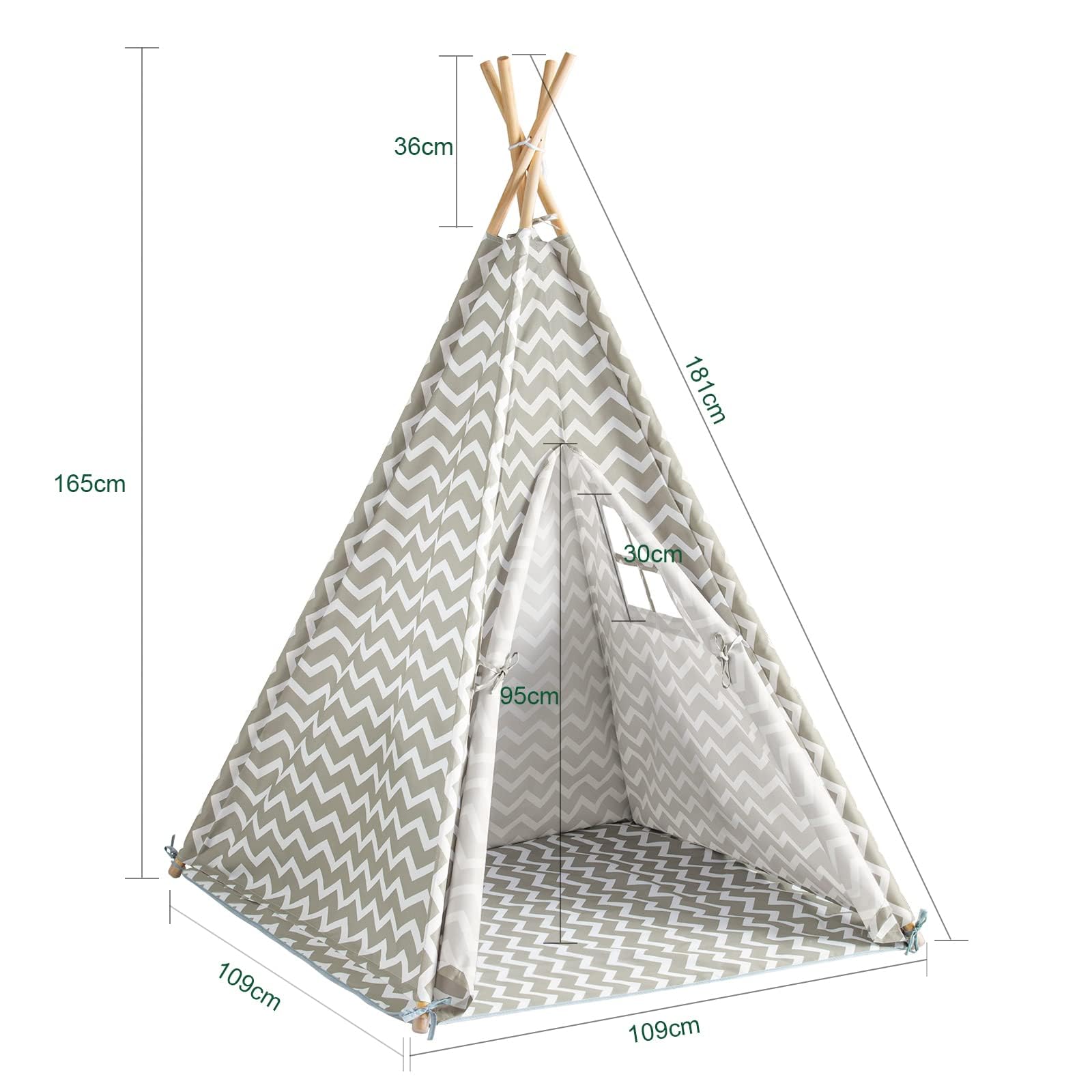 SoBuy Tente Enfant Tipi 109x109x165cm Chambre | cabane de jeu avec tapis de sol, fenêtre et rideau, structure en pin, pour intérieur et jardin OSS03