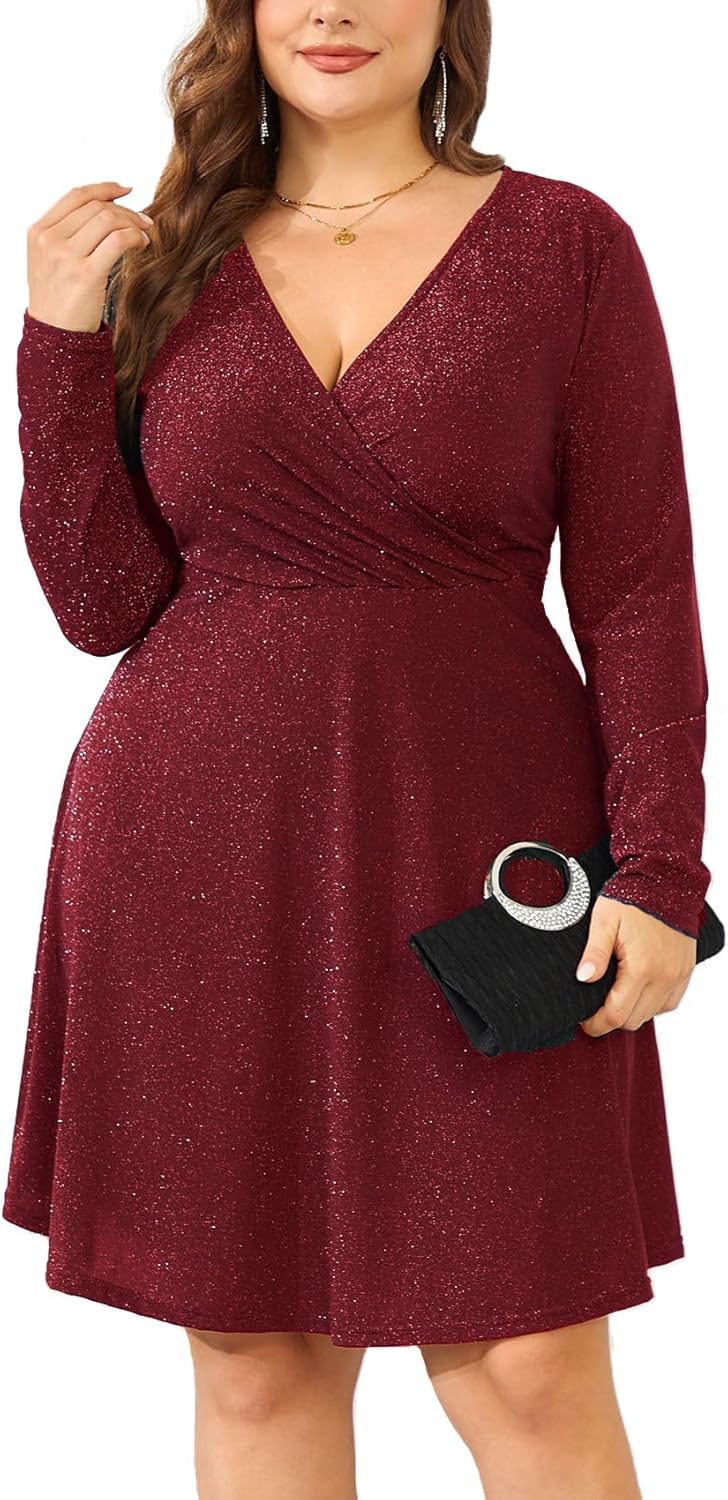 ZOMVA 2025 Plus Size 0X-4X Sparkly Glitter Wrap V Neck A Line Mini Dress Sparkle Sequin Sexy Dresses Cocktail Party Club
