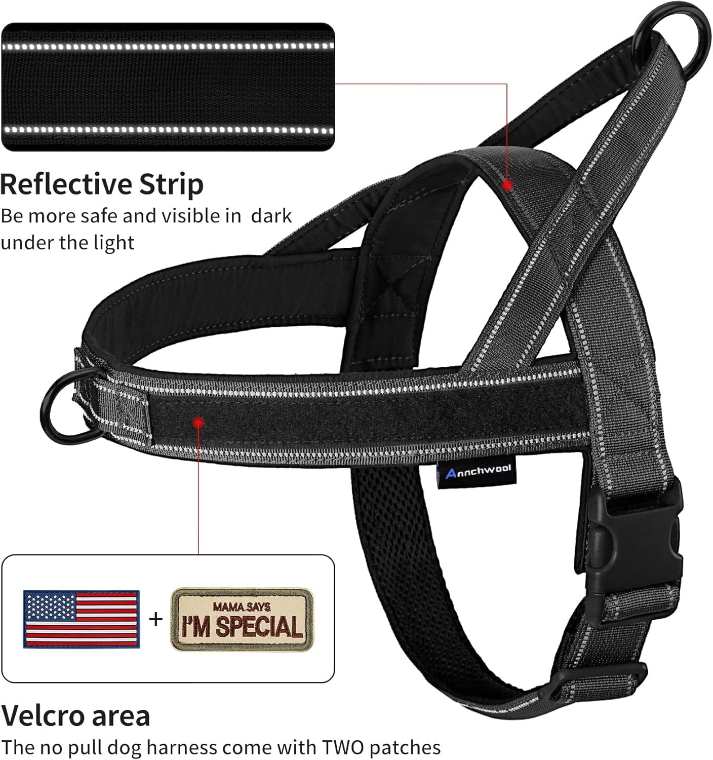 Annchwool Pettorina per cani antitiro, con manico imbottito + guinzaglio da 1,5 m, striscia riflettente, a prova di fuga e vestibilità rapida per regolare l'imbracatura, facile per addestrare e