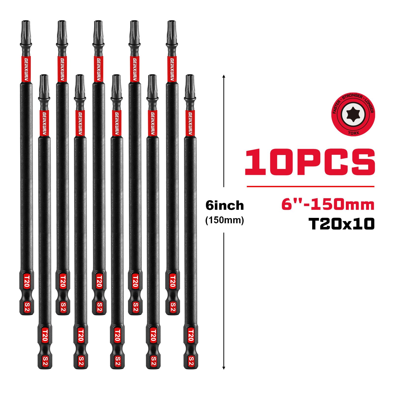 GEINXURN Impact Tough #20 Torx 6 pulgadas. Puntas de destornillador de inserción, paquete de 10 brocas magnéticas T20, juego de puntas de destornillador T20 de aleación de acero S2 a granel