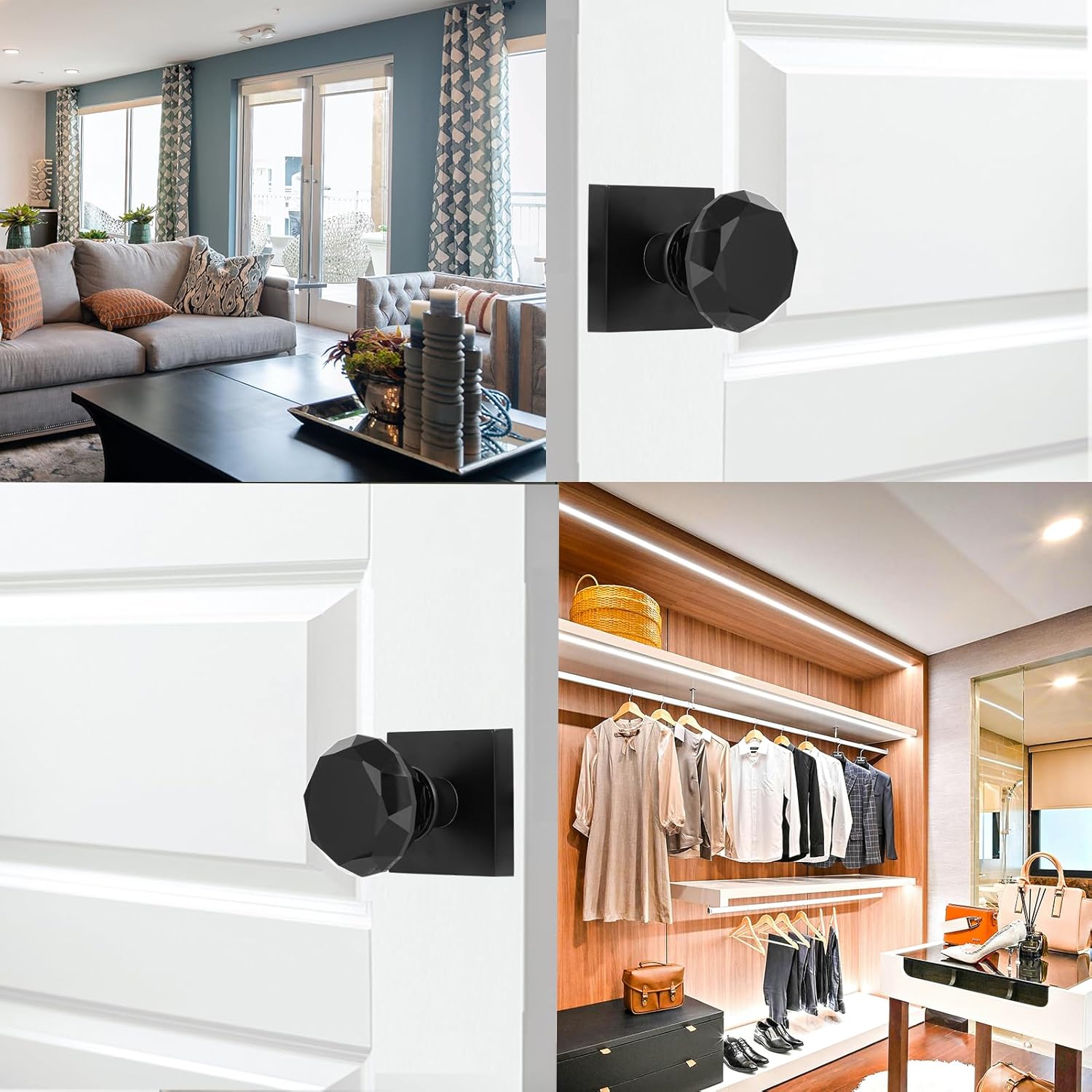 Glass Crystal Dummy Door Knob Interior, Clear Matte Black Diamond Closet Hall Dummy Door Knob Non-Turning Inactive 2 Pack