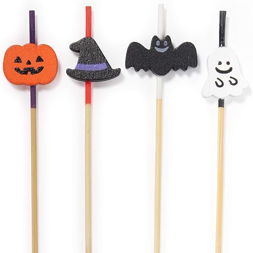Púas de bambú surtidas de Halloween para aperitivos, bebidas, postres, 5.9 pulgadas, calabaza, sombrero de bruja, murciélago, fantasma, 100 unidades