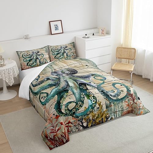 Miniatura 4 de Erosebridal Juego de ropa de cama con tentáculos de pulpo para niños, diseño rústico de madera con estrellas de mar, relleno de edredón tropical de