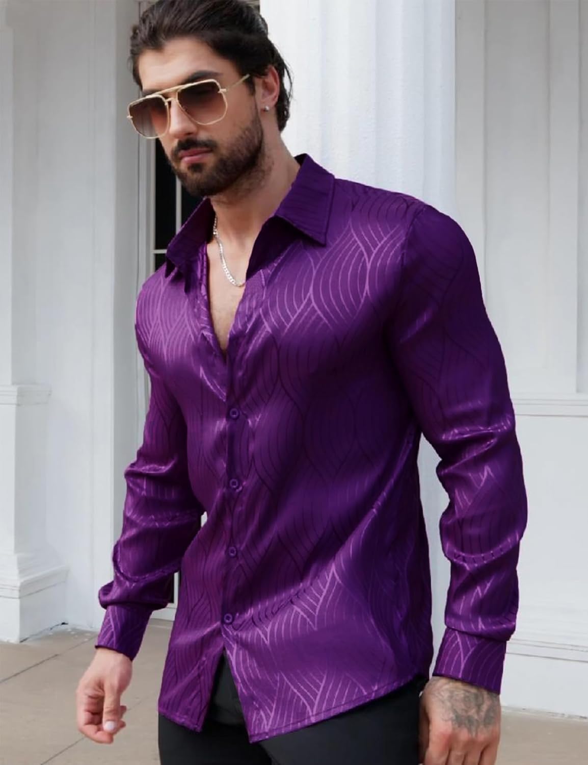 Men Metallic Satin Dress Shirt Luxury Jacquard Long Sleeve Casual Button Down Shirts Silk Shirts - Image 3