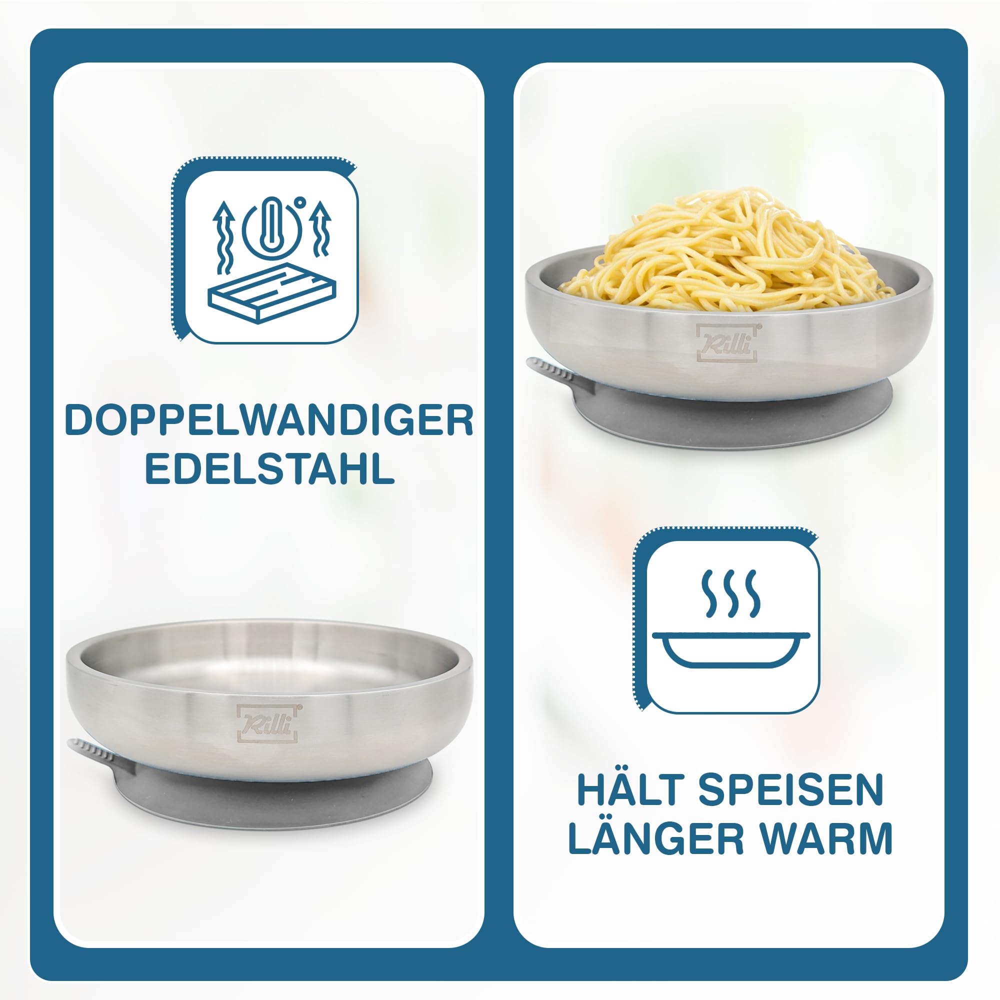 Rilli Edelstahl Teller für Babys mit Saugnapf, tiefer Kinderteller, grau | Doppelwandiger 304er Edelstahl · BPA-frei · schadstoffgeprüft · spülmaschinenfest · für BLW und Beikost