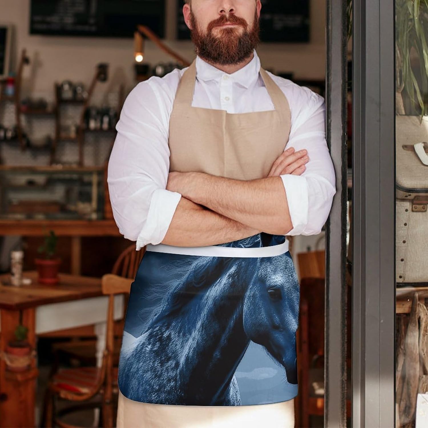 Blue Horse Waist Apron with Pocket Waterdrop Resistant Kitchen Cooking Apron Half Bistro Server Aprons Adjustable Chef Aprons for Women Men, 23.6 X 11.8 Inch