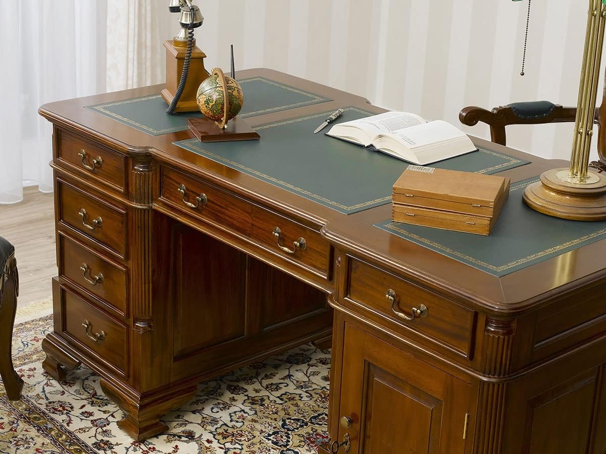 Desk Victorian English Style Presidential Ministerial Partner Desk 160 Cm Walnut Green Faux Leather